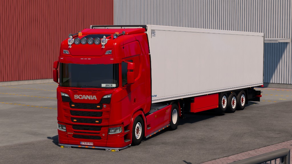 Red Scania with Joker plate and white reefer trailer